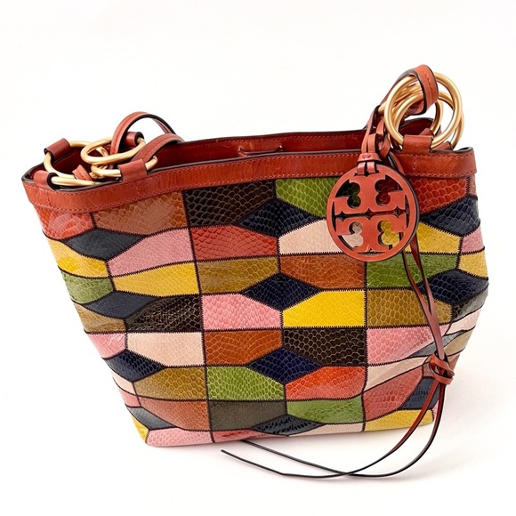 TORY BURCH || Farrah Leather Snakeskin Patchwork Multicolored Shoulder Bag - Picture 3 of 12